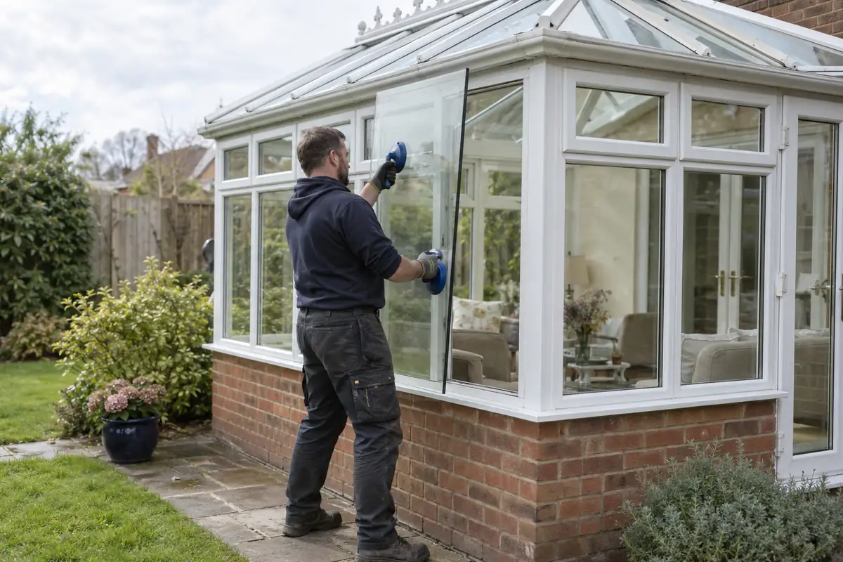 Glazier fitting a replacement side pane in a white-framed conservatory