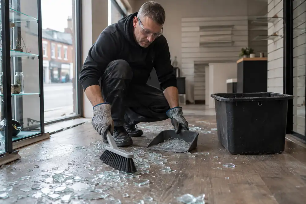 Interior of closed shop after clearance released: specialist sweeping scattered broken glass into a sturdy dustpan and rigid waste container, heavy cut-resistant gloves, no blood, victims or police text.