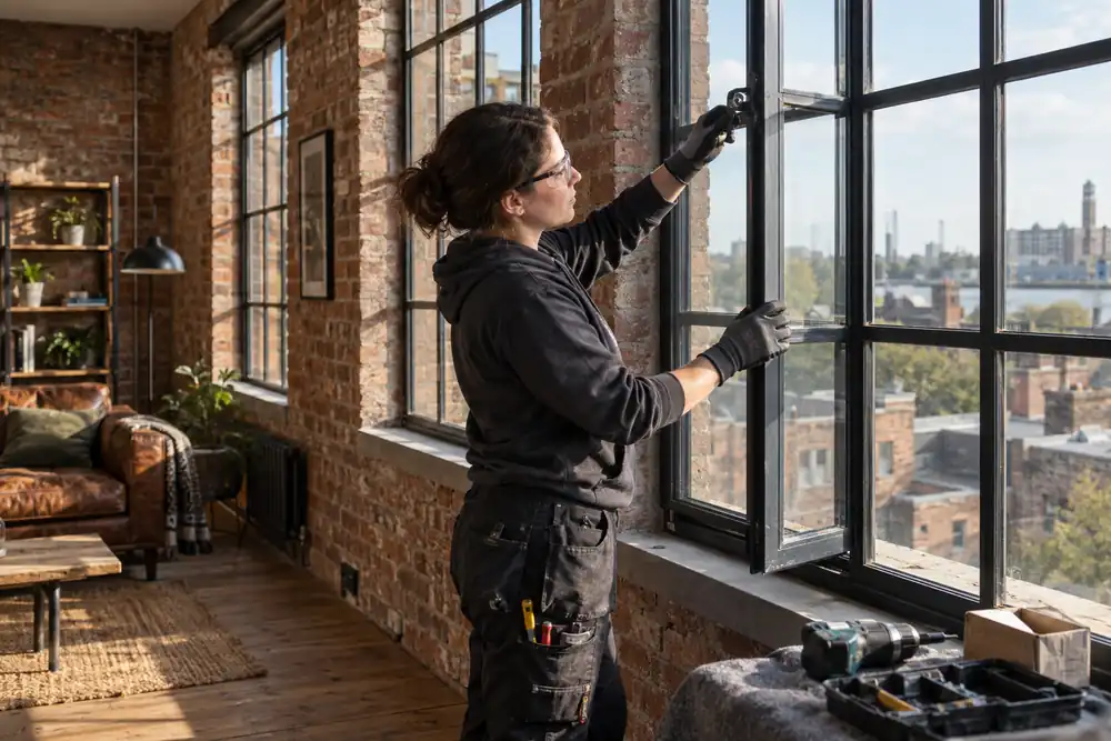 Refurbished industrial-style flat with black slim steel grid windows in a brick wall; woman installer checking an opening casement latch, afternoon side light, medium-wide view, no visible branding.