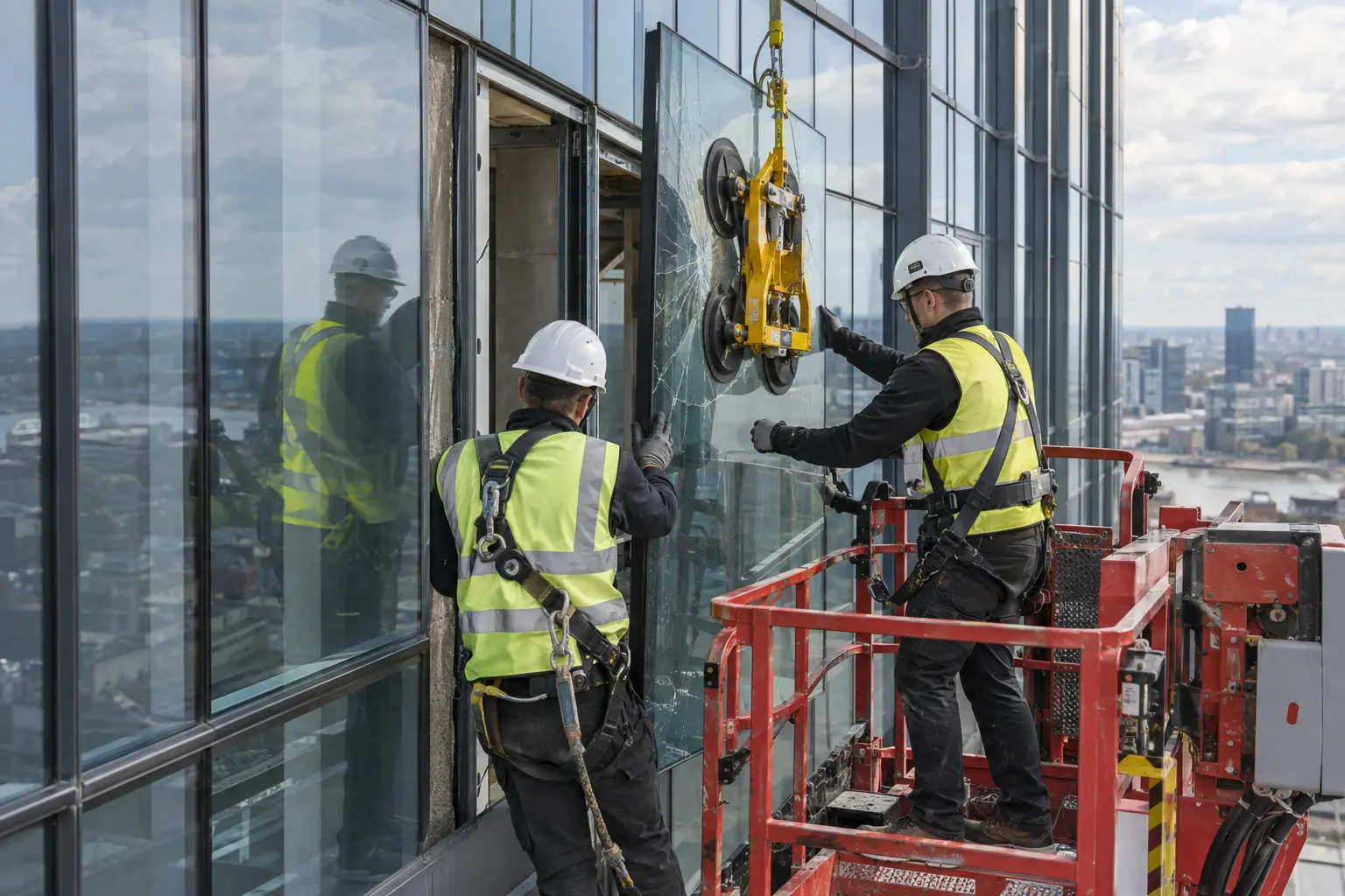 Damaged curtain wall glass being safely replaced