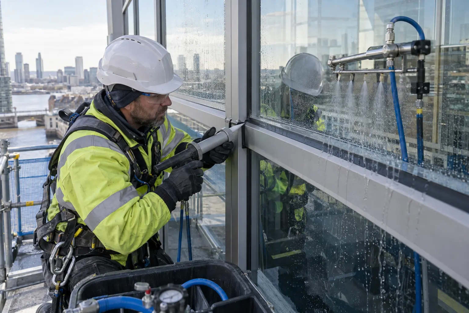 Curtain wall specialist diagnosing and resealing leaking joints