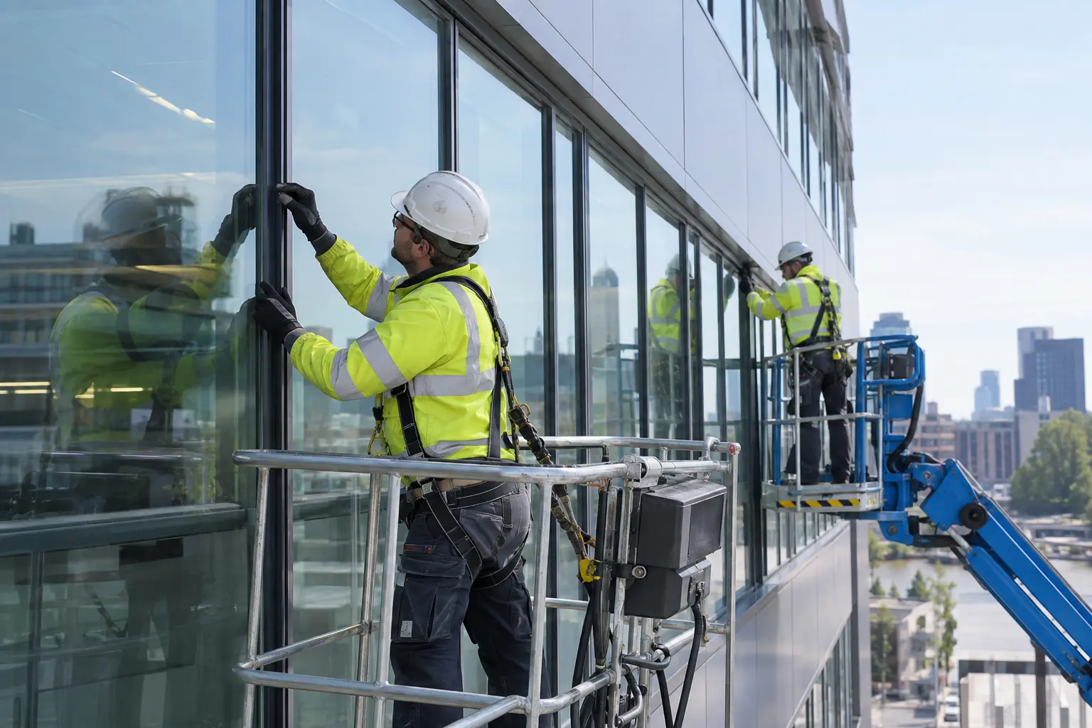 Technicians carrying out planned curtain wall maintenance