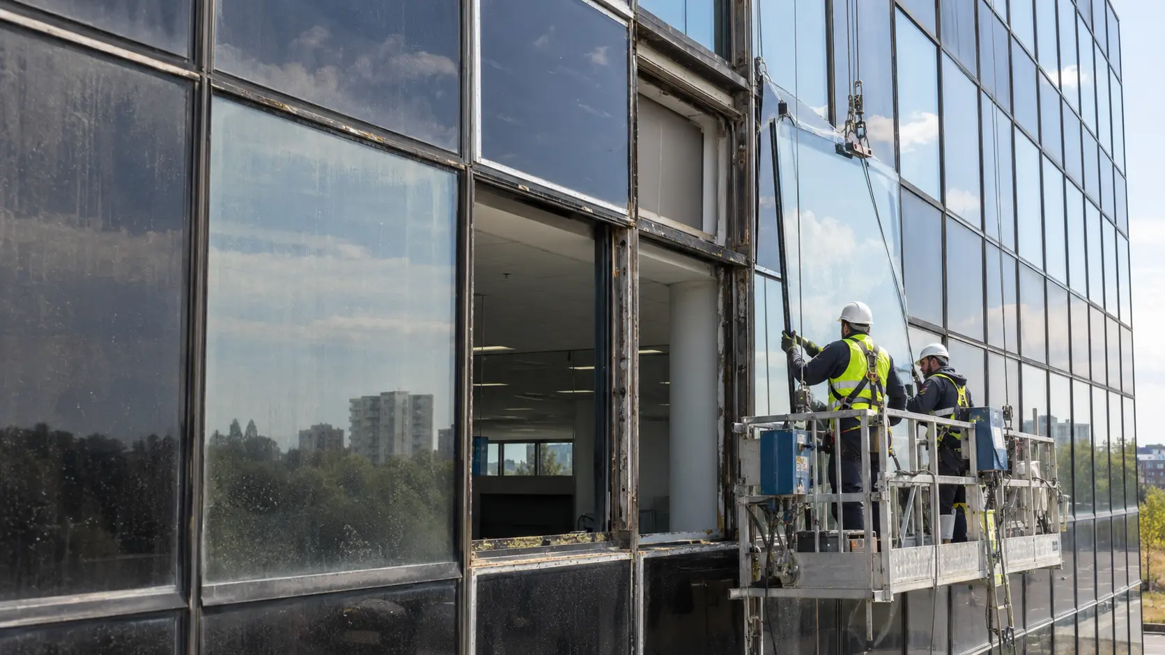 Existing commercial curtain wall facade undergoing refurbishment