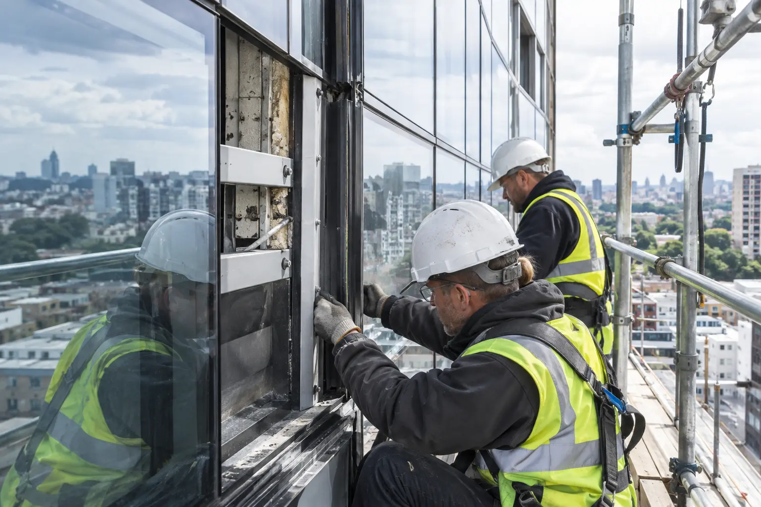Facade engineers repairing aluminium curtain wall framing