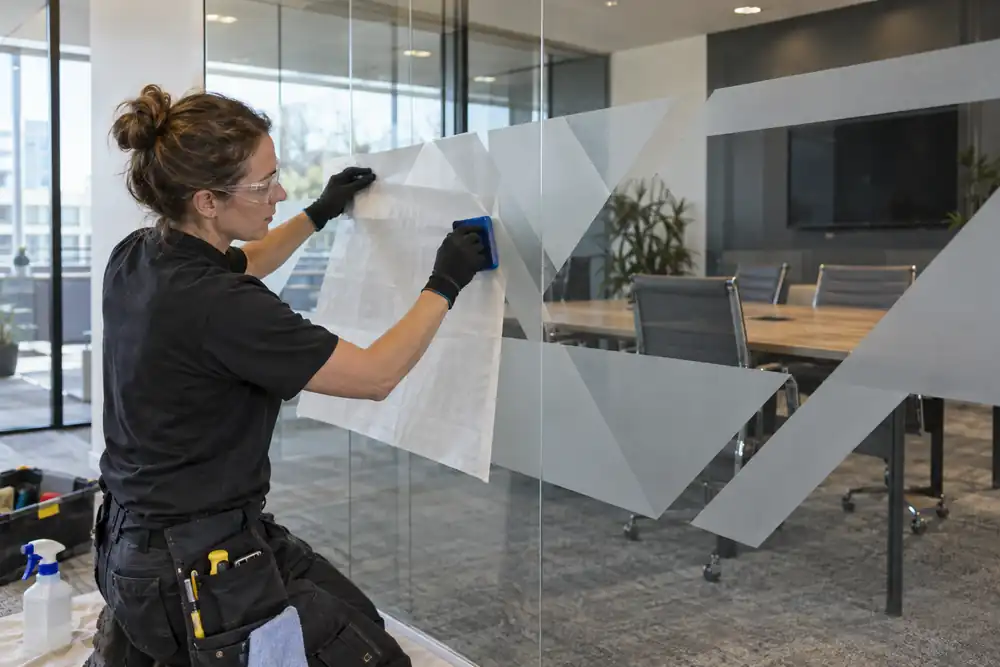 Modern corporate meeting room: woman film installer aligns a custom abstract frosted geometric privacy band on a clear glass partition using transfer film and squeegee, no lettering or logos.