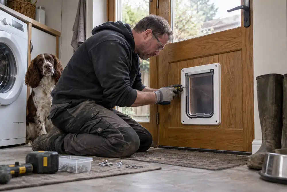 Low-angle utility room: tradesman fitting a larger rectangular dog flap into the lower solid section of an oak back door, spaniel sitting safely behind, mounting screws and screwdriver visible.