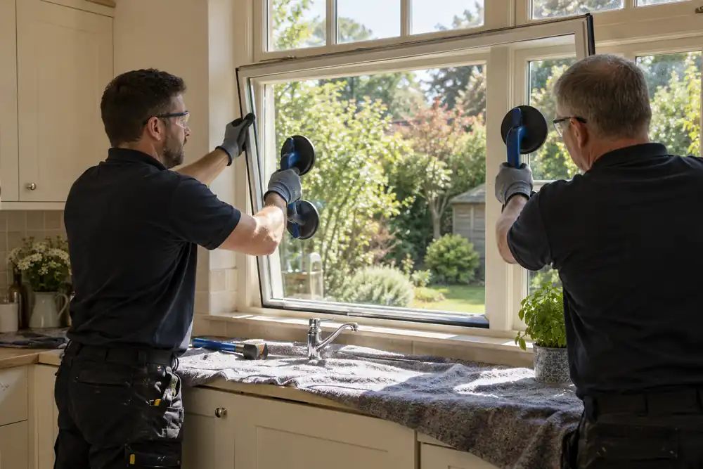Cosy British family house: pair of glaziers fitting a fresh sealed unit into a cream timber kitchen window, protected worktop and suction cups, leafy garden through glass, warm daylight.
