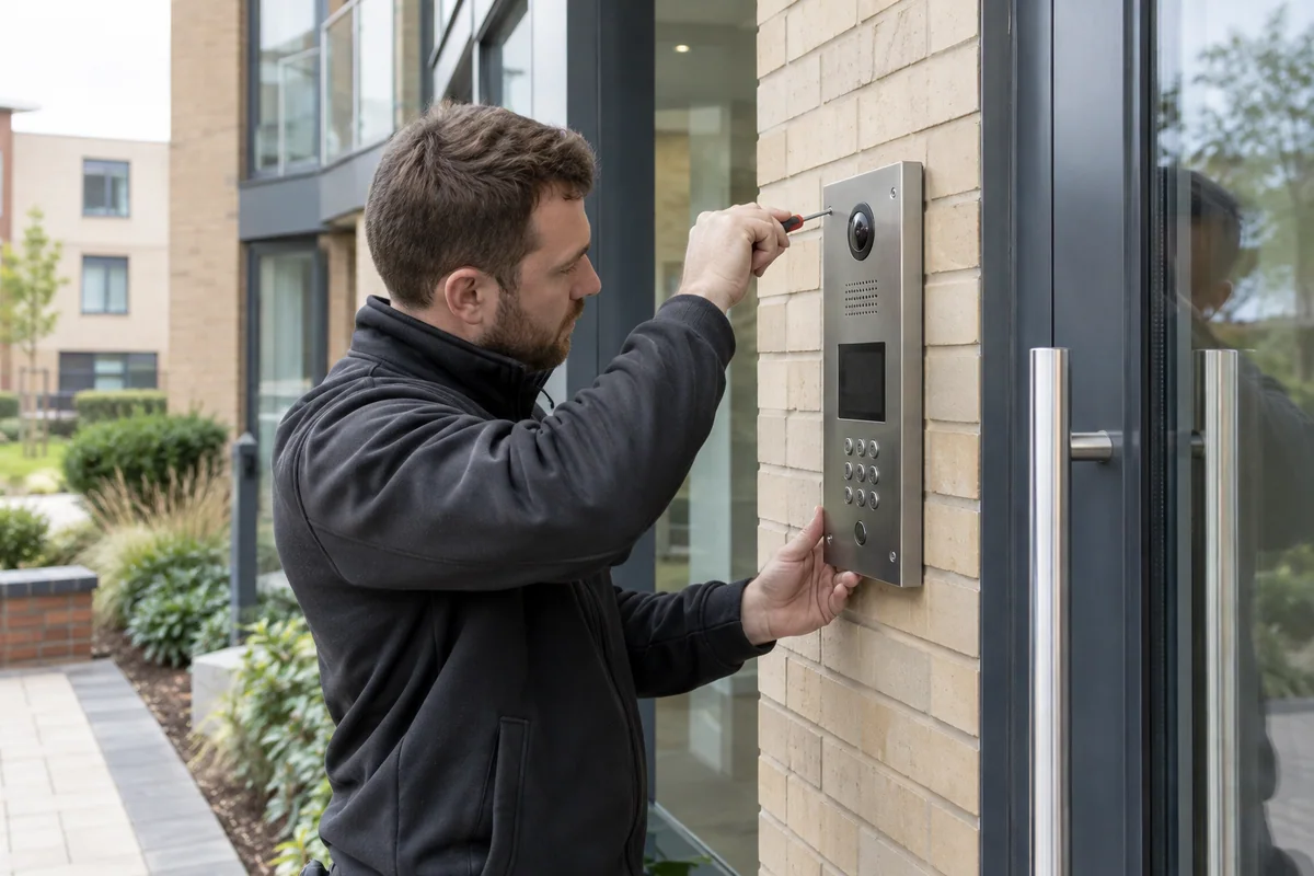 Technician installing a video intercom and keypad at an apartment entrance