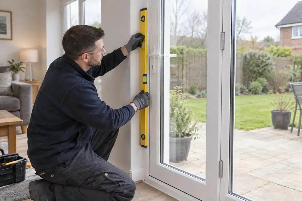 Routine scheduled maintenance in a bright home: a professional installer checks the vertical alignment of a fully installed white patio door with a long spirit level, visible hinges and an even gap around the frame, simple medium-wide photograph.