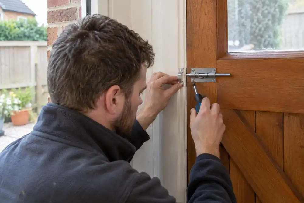 Technician aligning a surface mounted barrel bolt on timber back door.