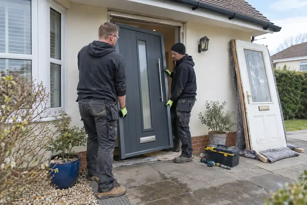 Two fitters positioning a composite front door in its opening