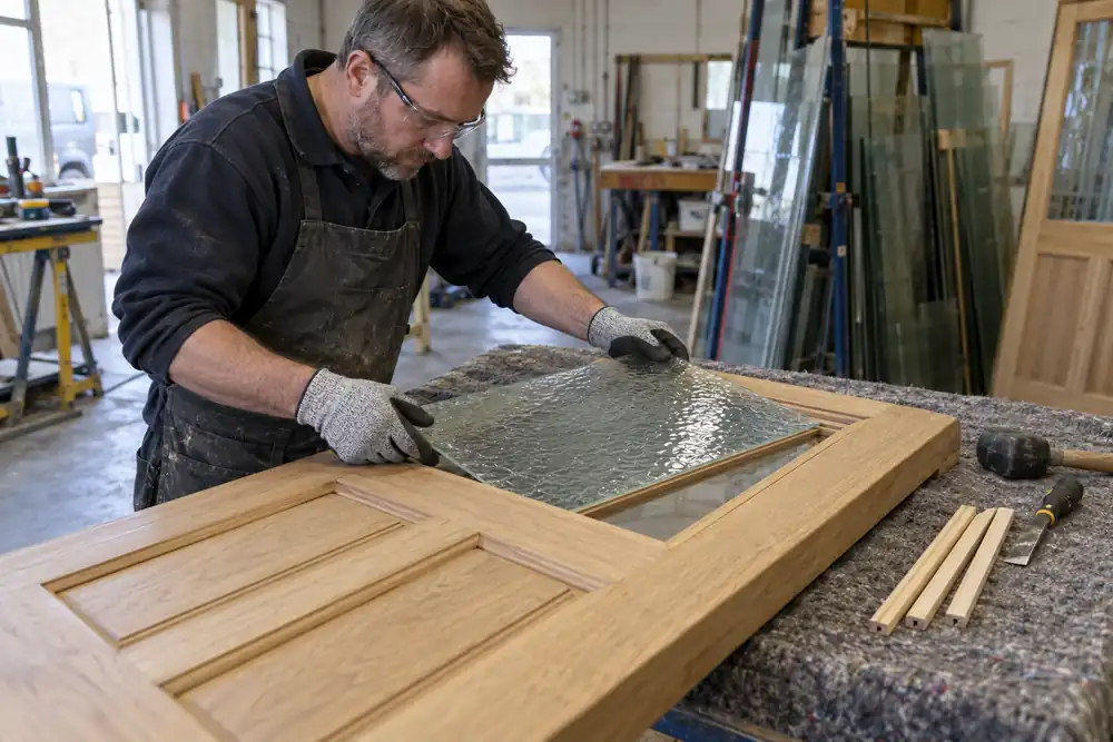 Workshop interior: glazier placing a small textured safety glass pane into the upper glazing rebate of a natural wood door on a padded bench, retaining beads ready beside it, no cutting.