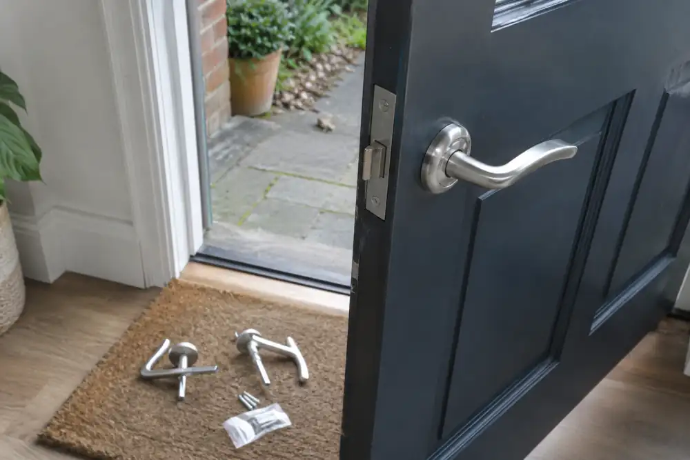 Door handles and replacement fittings beside a residential entrance.