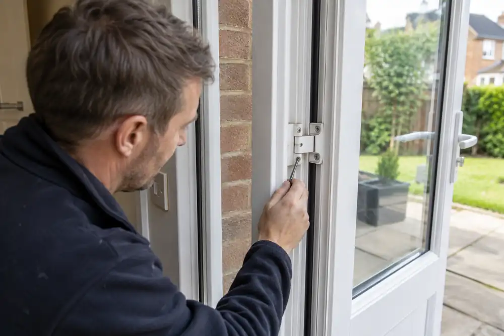 Technician checking uPVC door hinge on an open door.
