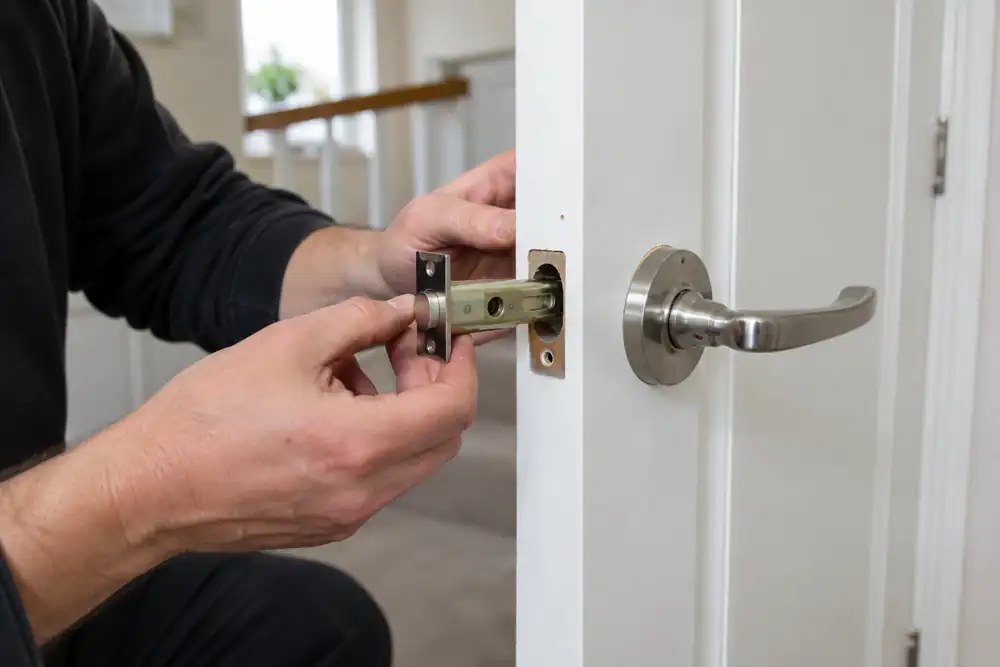 Tubular latch and lever handle beside open internal door edge.