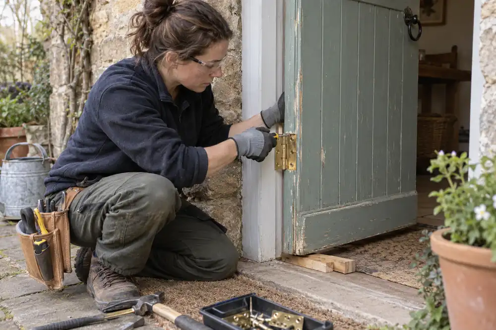 Old painted timber garden door repair: female carpenter replacing a loose brass hinge and checking a sticking edge, door supported with wedges, sheltered cottage doorway, close working view.