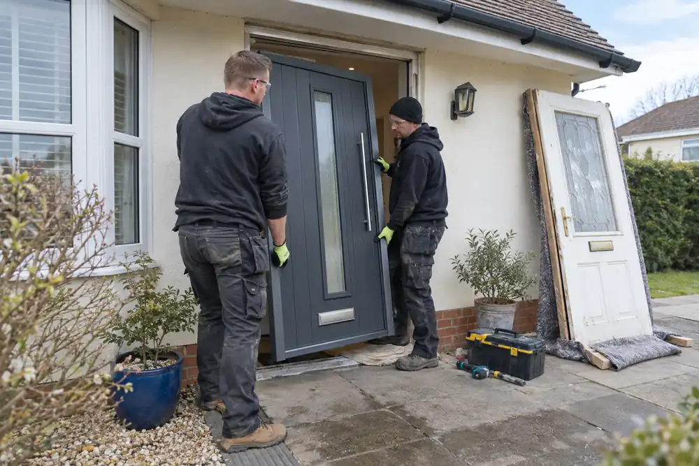 Wide front-porch scene: two installers carrying a new charcoal front door and frame into a cream-rendered bungalow opening, old door resting safely on padded supports at side, afternoon.
