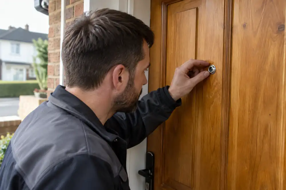 Technician checking a door viewer lens on a solid timber front door.