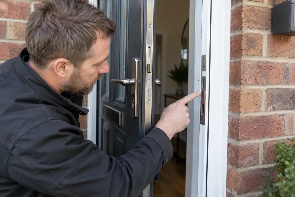 Open composite door with locksmith checking strike alignment.