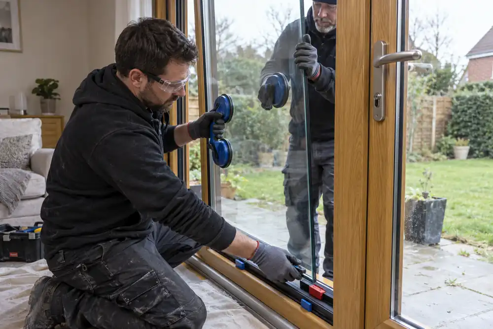 Close interior view of a glazier replacing a sealed glass unit in an oak-effect double-glazed patio door, suction handles and glazing packers, clear panel supported by assistant.