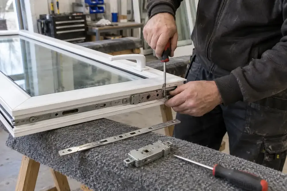 Window hardware being checked on a workbench
