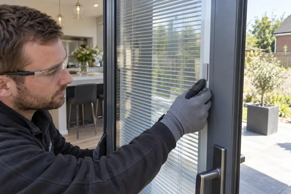 Bright modern kitchen patio glazing: technician demonstrating slim venetian blinds sealed between the two panes of a double-glazed door unit using its small magnetic edge slider, crisp close oblique view of slats behind glass.