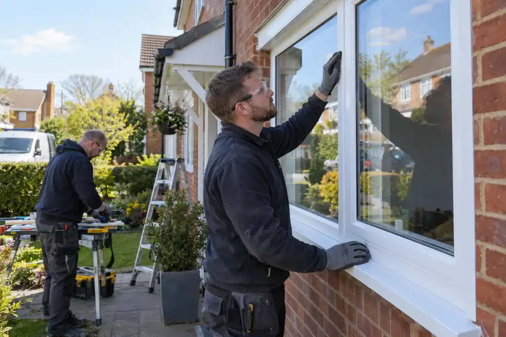 Wide sunny suburban exterior: glaziers finishing a new white double-glazed window in a red-brick semi-detached house, one checking seal perimeter, tidy garden and realistic clear reflections.