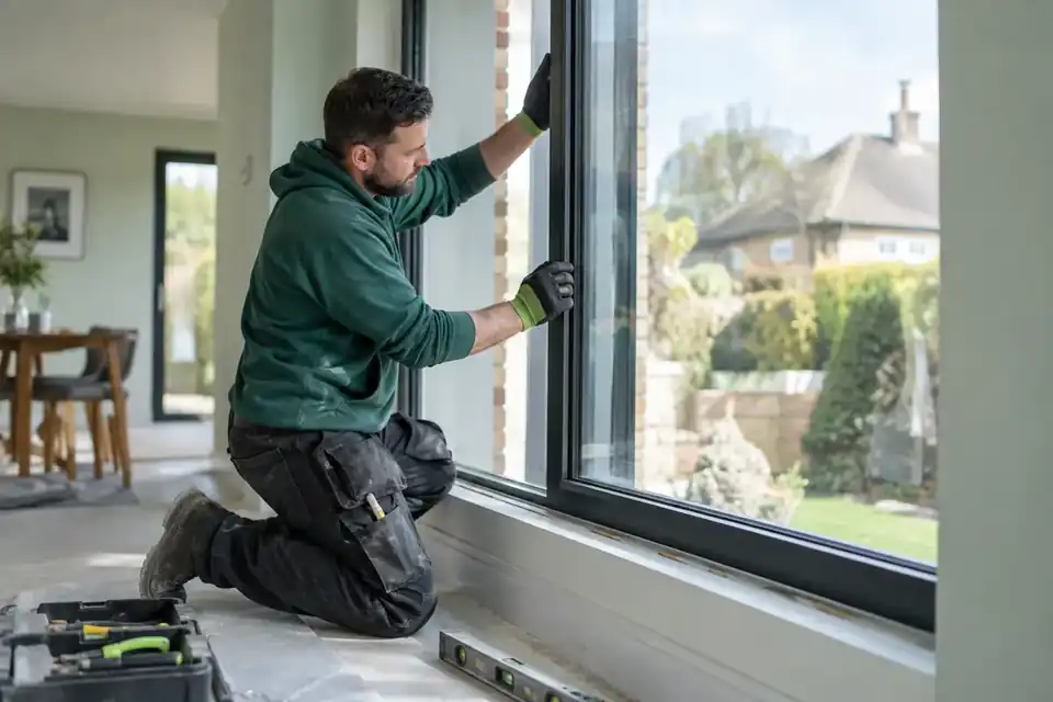 Glazier repairing the edge of a double-glazed window unit