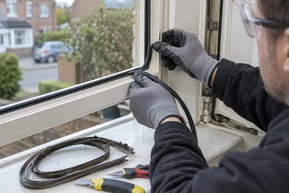 Macro detail of gloved hands pressing a new continuous black rubber weather gasket into the groove around an open cream uPVC window, old brittle strip coiled on sill, soft daylight.