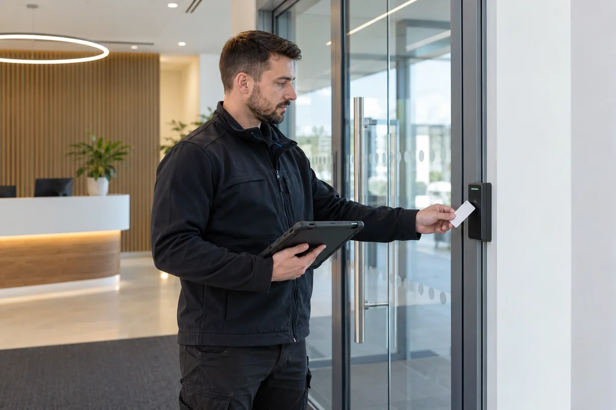 Access control engineer testing a card reader at an office entrance