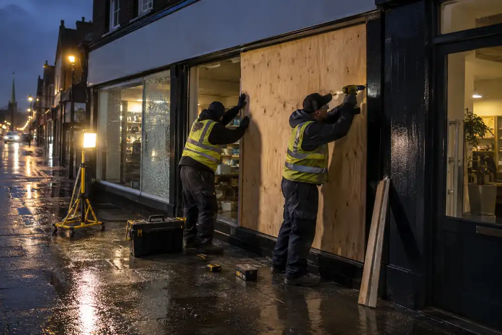 Evening after a storm: two emergency tradespeople fit a full plywood panel to a cleared ground-floor shop window opening under a portable lamp, wet street reflections, blank shop fascia.