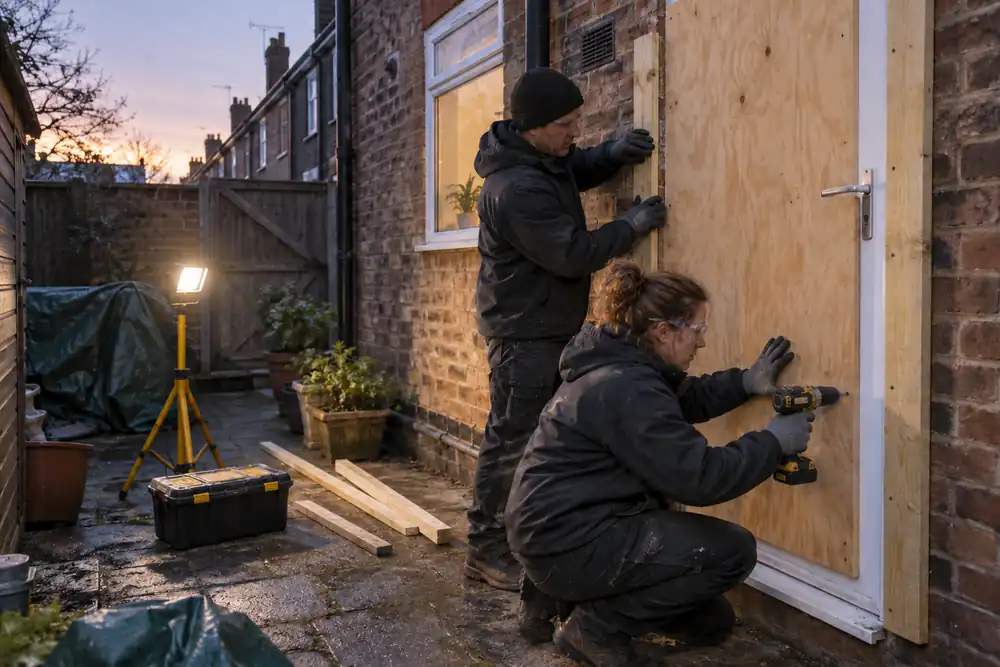 Emergency workers securing full plywood protection over a damaged back door at dawn.