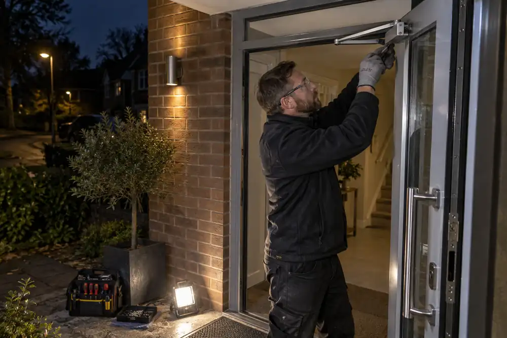 After-dark residential porch: professional repairing a damaged aluminium door closer bracket while the glazed entrance door is supported open, battery lamp on floor, tools neatly arranged, no forced-entry activity.