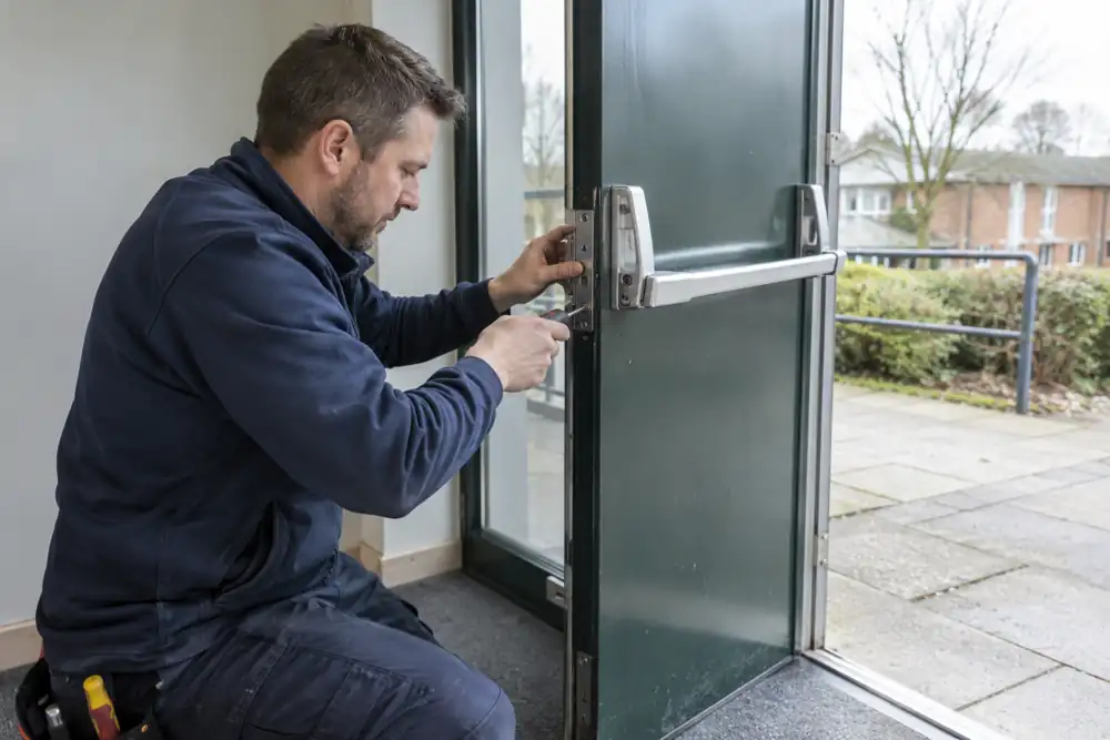 Locksmith checking panic exit hardware on open escape door from inside.