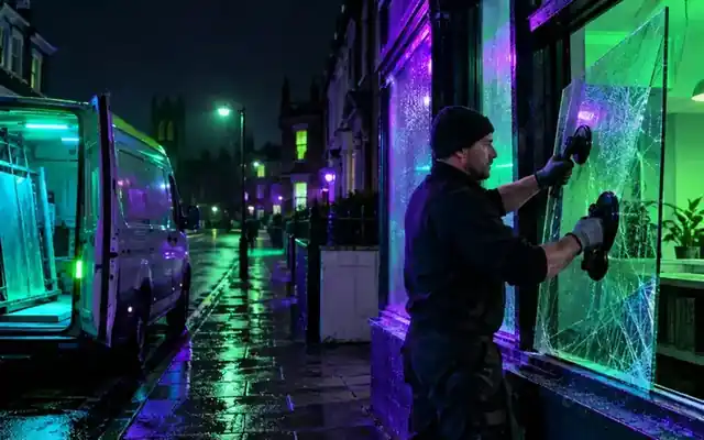 Emergency glazier handling damaged glass on a night call-out