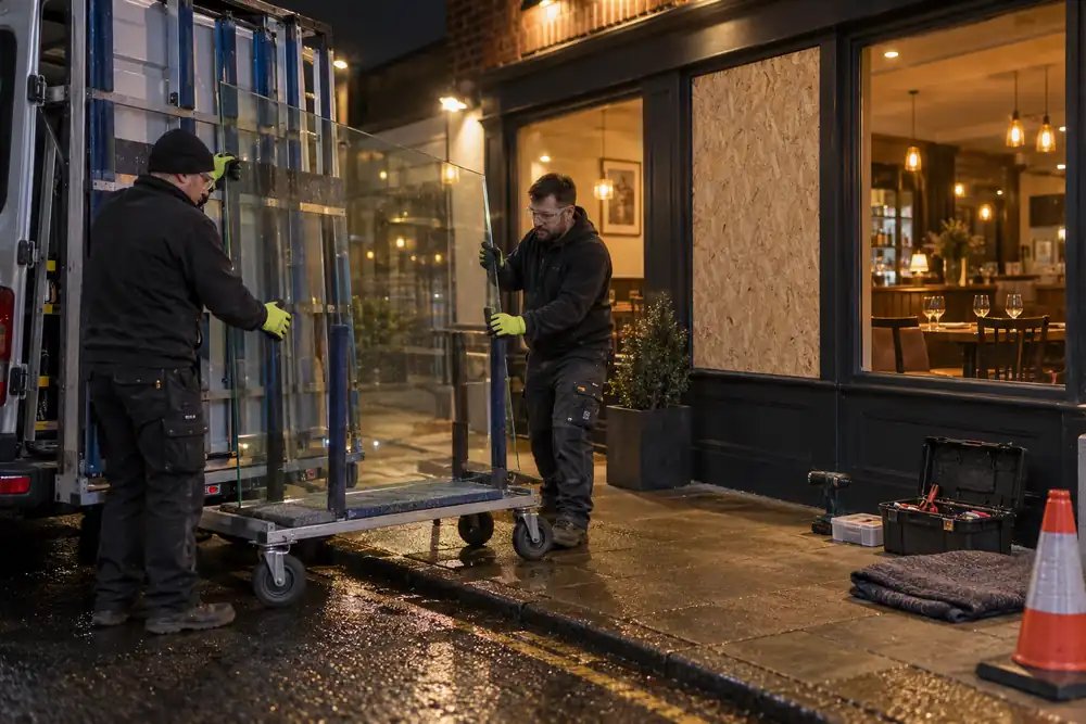 Night-time glass replacement team outside a lit small restaurant: two glaziers unload a replacement pane from a padded vertical rack onto a wheeled glass trolley, broken window safely boarded behind, no signage.