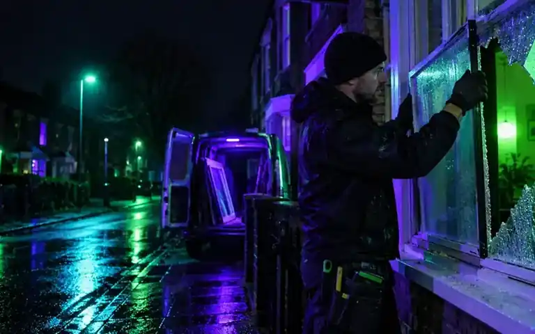 Emergency glazier attending broken window glass at night