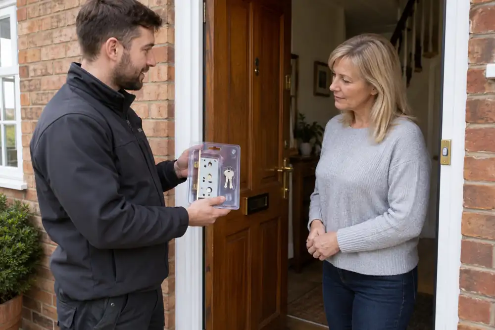 Locksmith showing a replacement mortice lock beside an open front door.