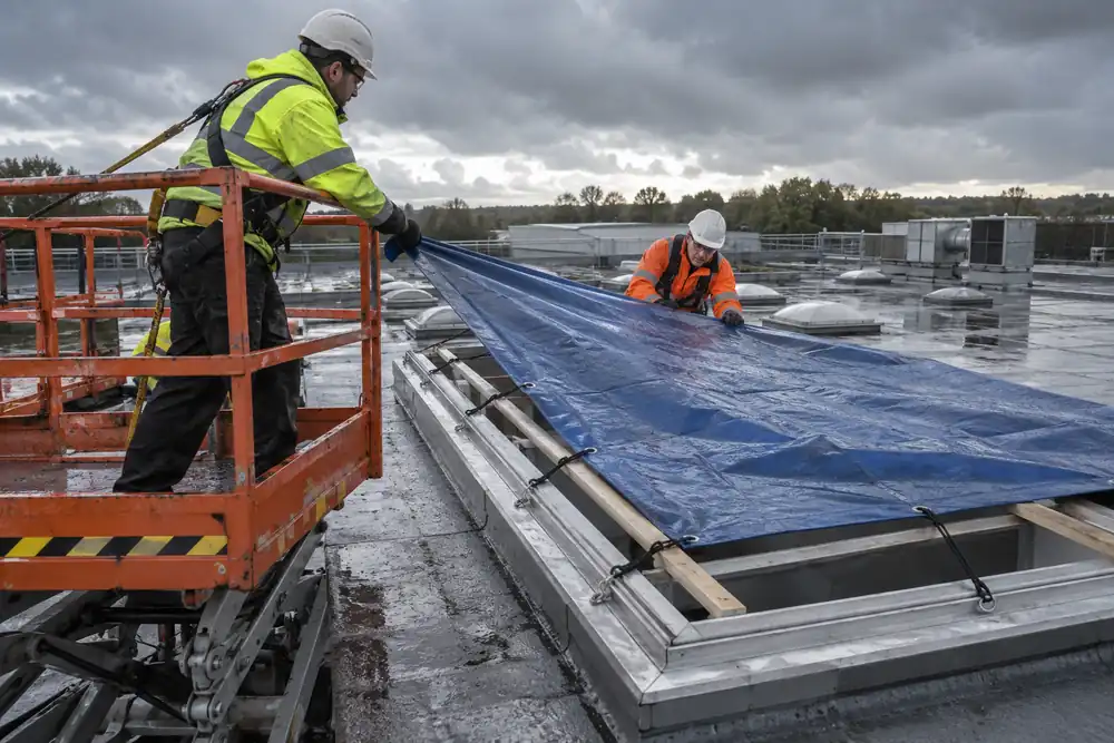Storm-damaged low commercial roof: roof-glazing technicians on fully guarded mobile platform secure a temporary weatherproof cover onto a framed skylight opening, fall protection and stable access, no standing on glass.