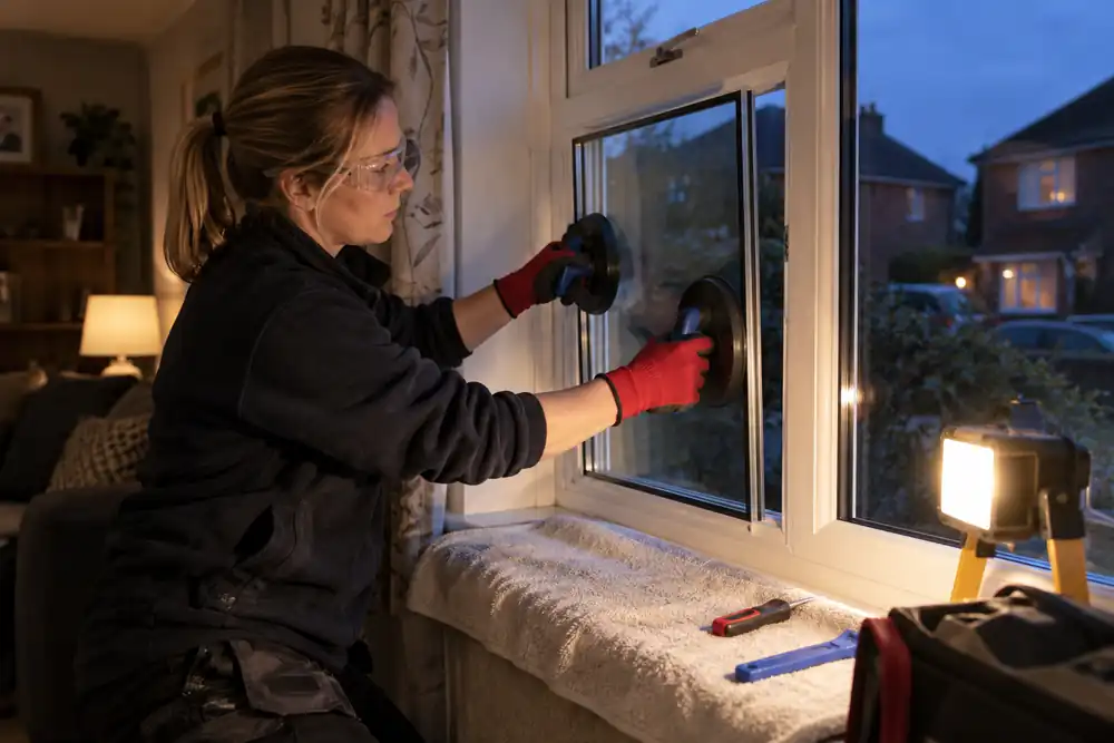 Evening family home living room: female glazier installing a replacement small sealed pane in a white window frame using suction cups, portable work lamp and protected sill, intact replacement, no cutting.