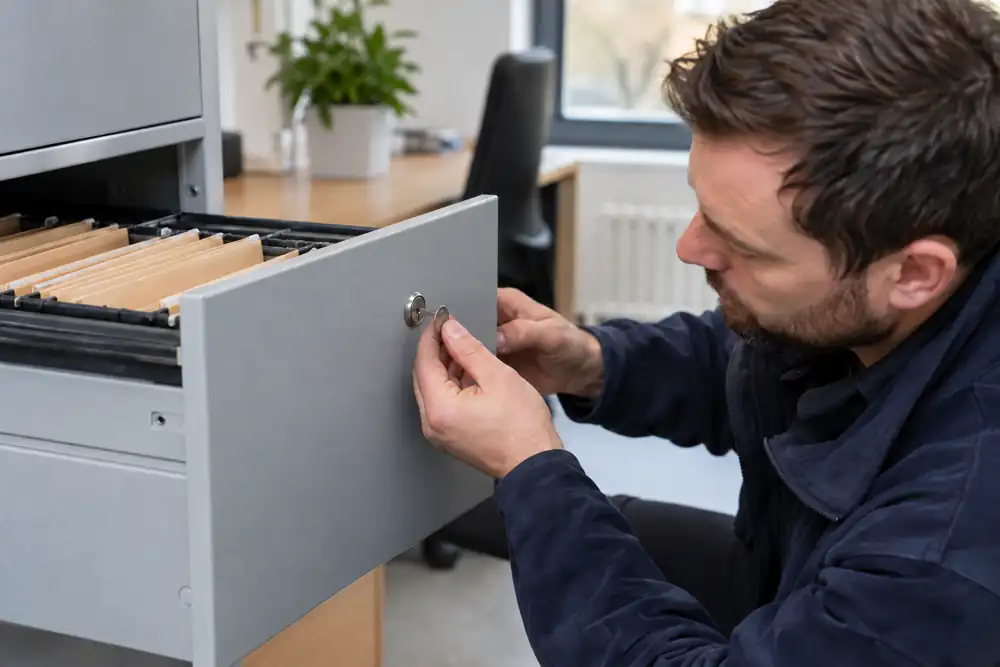 Locksmith checking lock housing on open metal filing cabinet drawer.