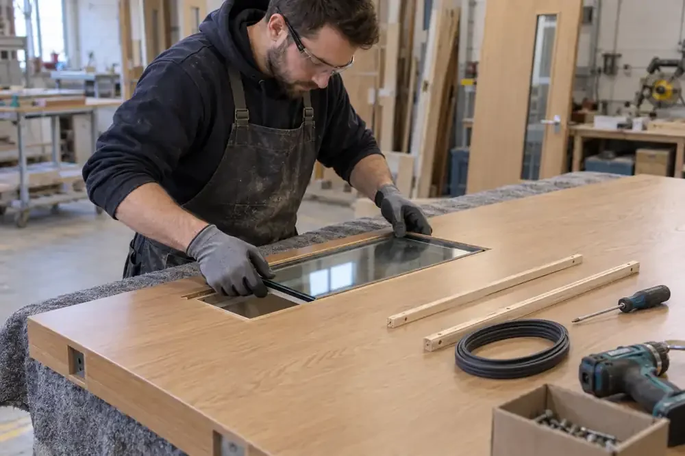 Craftsperson fitting a glazed vision panel into a timber door on a workbench