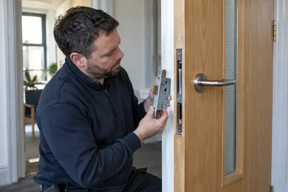 Technician examining compatible mortice lock on open solid fire door.
