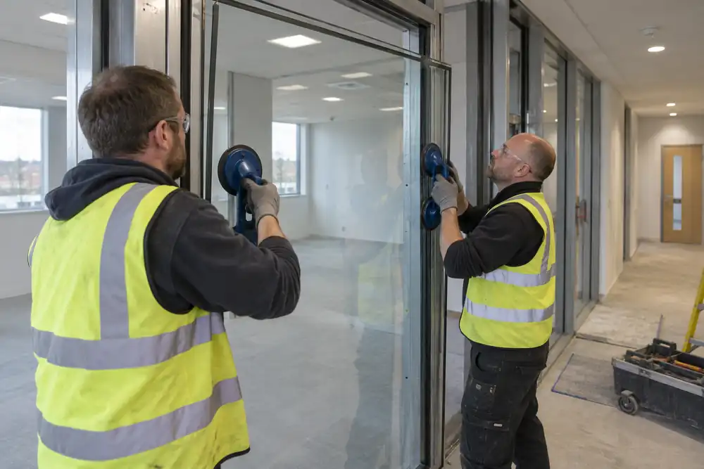 New office corridor: two glaziers fit a clear fire-resistant glass panel into a deep purpose-made steel partition frame using suction handles, perimeter gaskets visible, calm daylight installation, no flames or performance demonstration.
