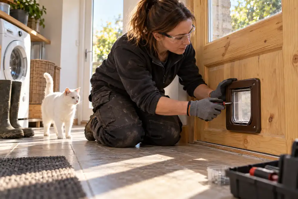 Warm sunlit utility doorway: tradeswoman finishes fitting a compact brown cat flap into a natural pine door, white cat standing back on tiled floor, low viewpoint and small hand screwdriver.