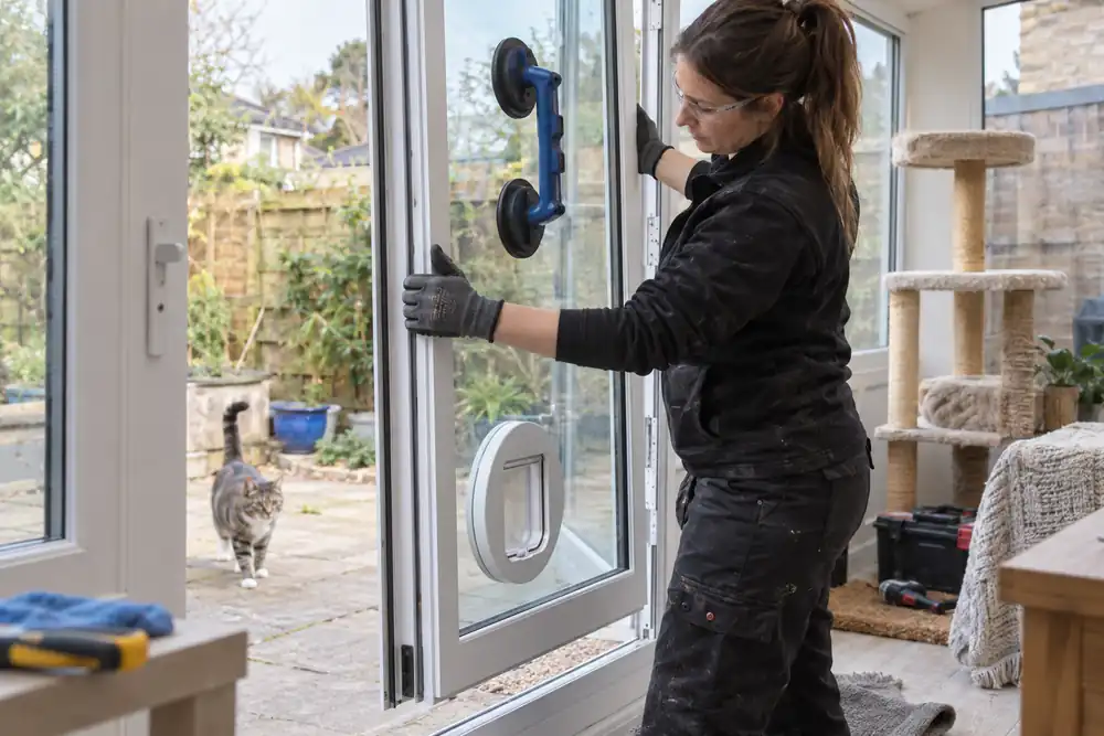 Garden-room interior: female glazier installs a replacement double-glazed door panel with an already fitted round white cat-flap adaptor near its bottom; suction handles above, factory-prepared aperture, no drilling or glass cutting.