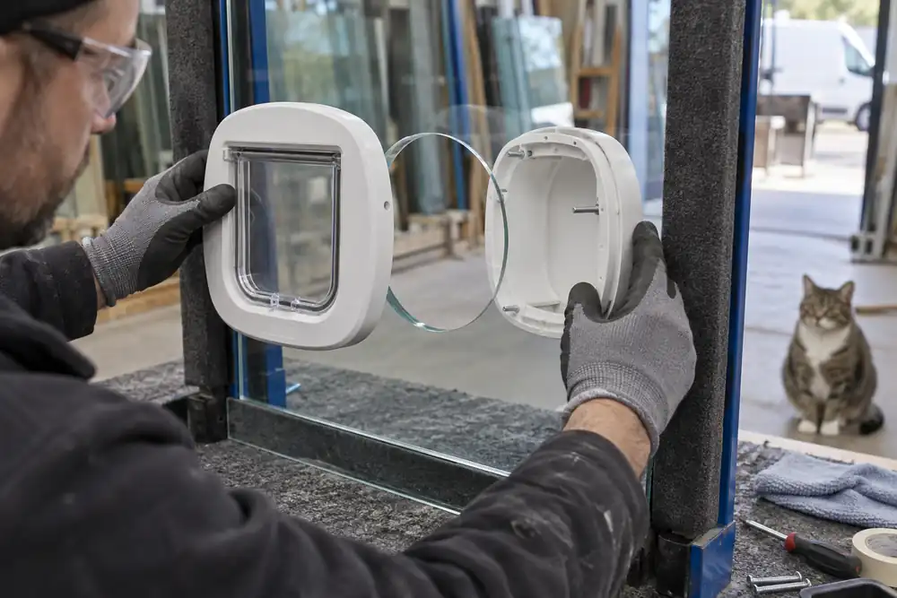 Close workbench still-life with gloved hands: white cat-flap halves aligned around a smooth factory-prepared circular hole in a clear safety-glass pane held in a padded vertical frame, glazing workshop, no cutting.
