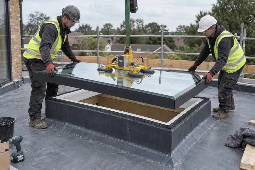Flat-roof home extension: two technicians guide a finished rectangular skylight unit onto its raised weatherproof kerb using a compact glass lifter, roof edges fully guarded, bright overcast sky.