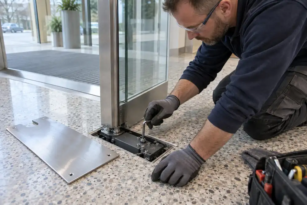 Floor-level close trade photo: technician adjusts the screws of a recessed floor-spring closer beneath a supported glass entrance door, metal cover plate beside it, hex key, clean terrazzo lobby.