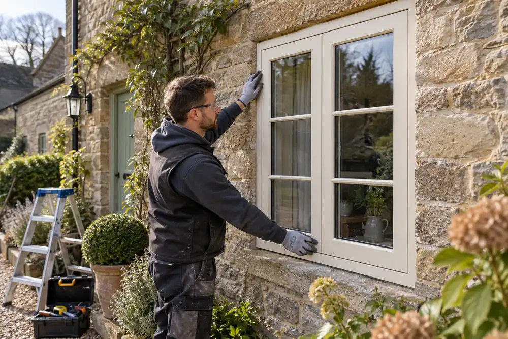Country cottage exterior: installer checks a new cream flush-sash casement window sitting level with its outer frame, stone wall and cottage plants, crisp morning light, medium-wide view.